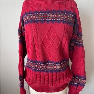 Elegant Red and Blue Patterned Turtleneck Sweater